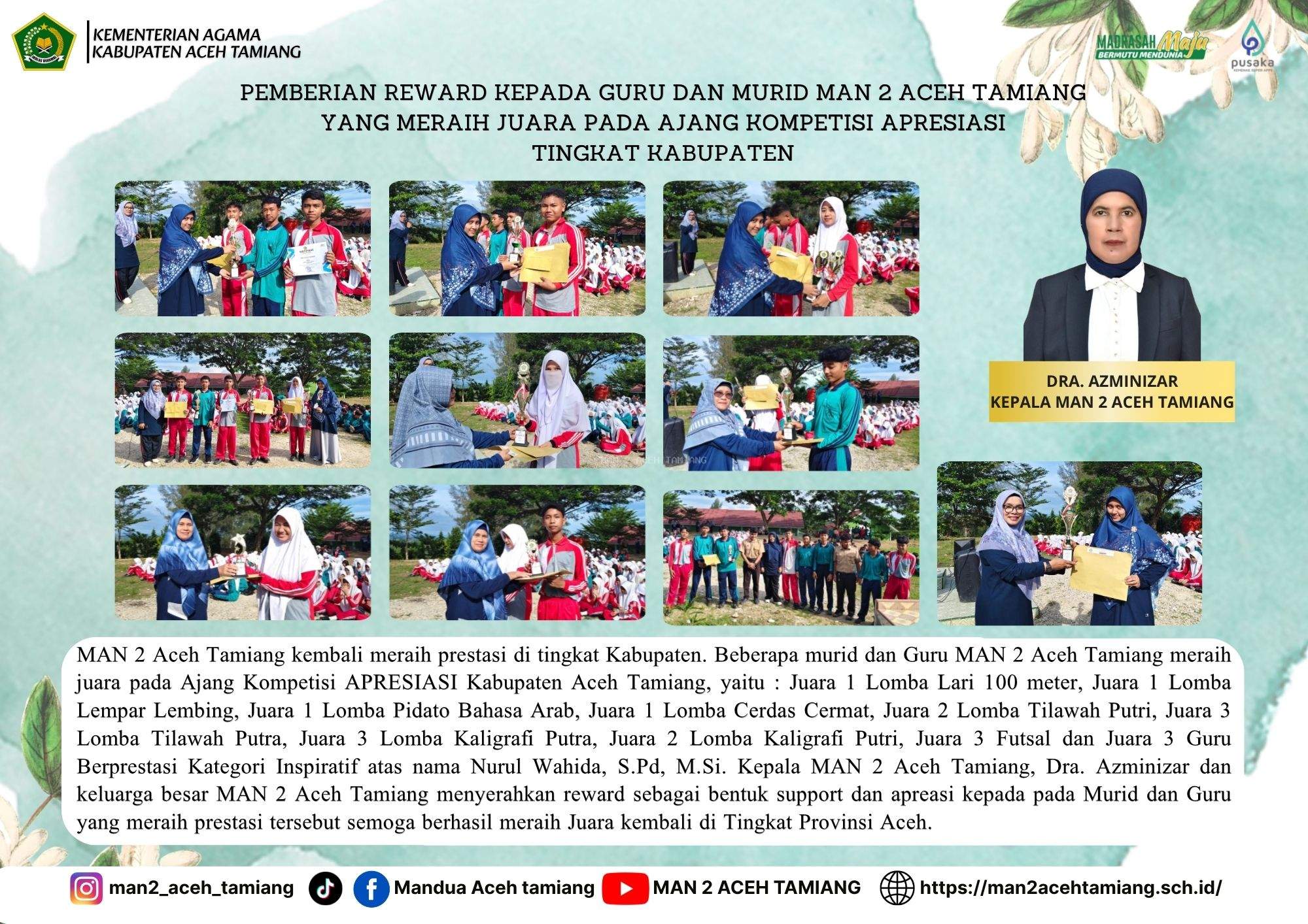 Pemberian Reward kepada Guru dan Murid MAN 2 Aceh Tamiang yang meraih Juara Pada Ajang Kompetisi APRESIASI Tingkat Kabupaten